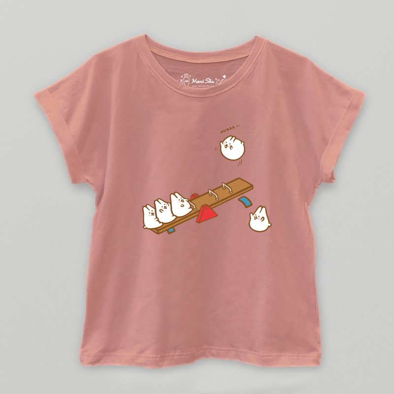 Mochi Rabbit Seesaw T-shirt - Women's Tops - Cotton & Hemp Pink