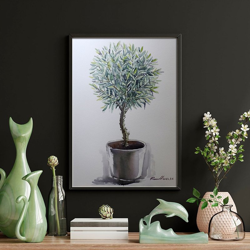 Hand-painted (watercolor) original painting (olive tree 02) Nordic botanical style / home office / mural / gift - Posters - Paper Green