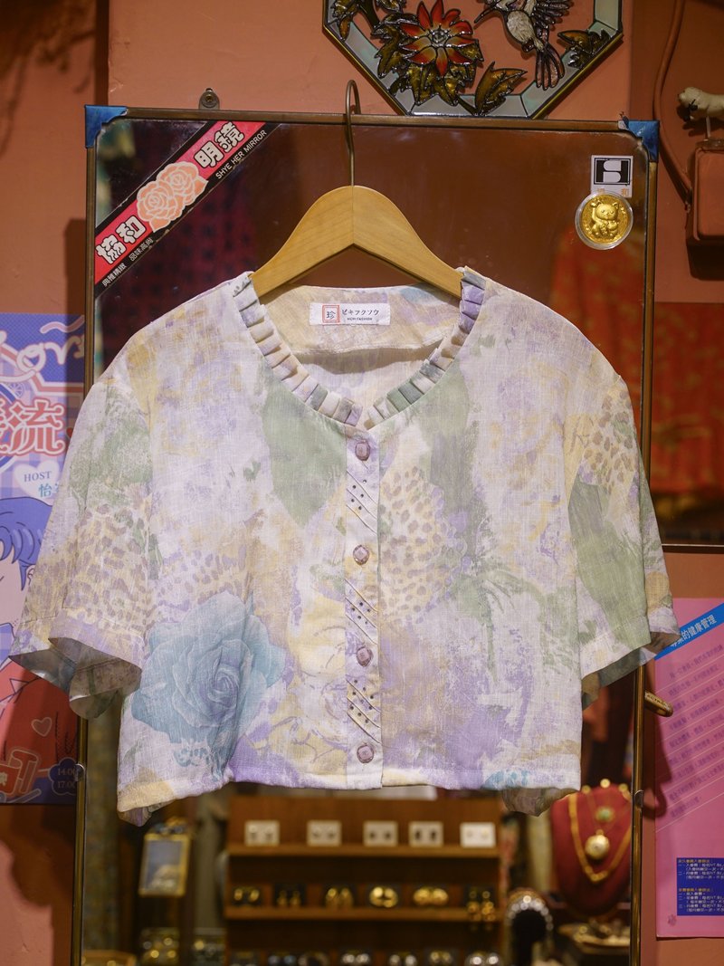 純情百貨行 Vintage 古著改製 古著短版上衣  LS030 玫瑰書信短版 - 女襯衫 - 聚酯纖維 白色