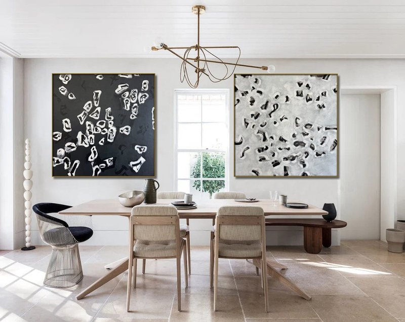 Large Abstract Set of 2 Black And White Paintings On Canvas Original Minimalist - 牆貼/牆身裝飾 - 壓克力 白色