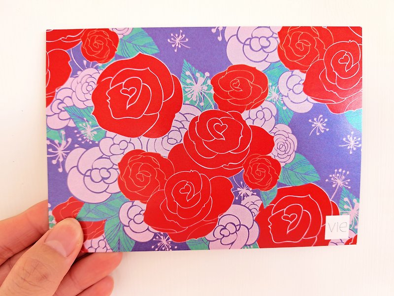 手繪印花圖案卡片 - 繽紛玫瑰 - 心意卡/卡片 - 紙 紅色