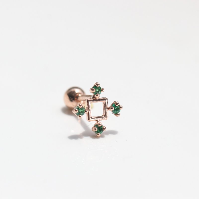 14K 方形綠鑽鎖珠耳環(單個)耳骨 耳窩 不退色 - 耳環/耳夾/耳骨夾 - 貴金屬 金色