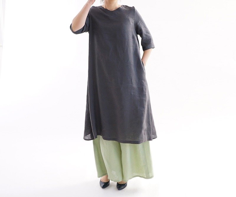 linen / linen dress / A line dress / midi dress / half sleeve / gray / a32-34 - One Piece Dresses - Cotton & Hemp Gray