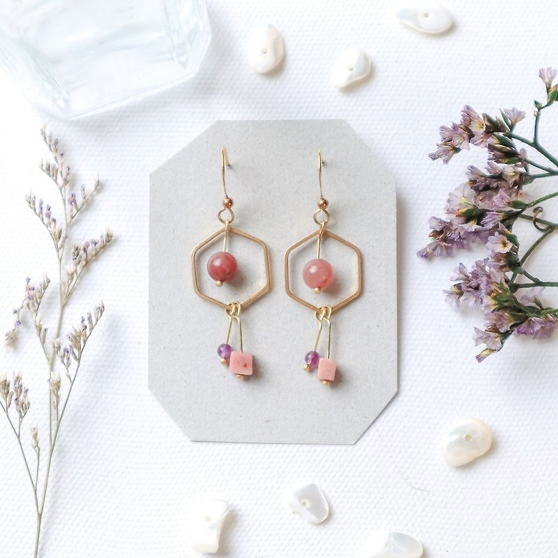 Natural stone geometric brass earrings - take it easy - Earrings & Clip-ons - Copper & Brass Pink