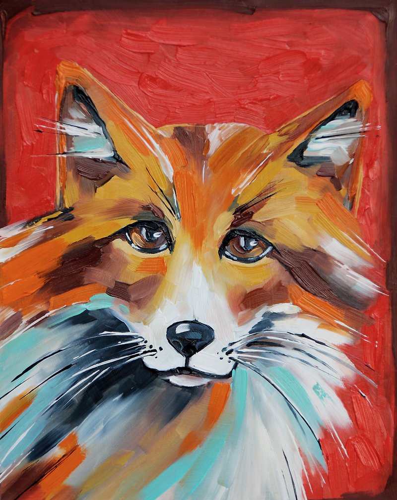 Red Fox Painting Animal Original Art Farmhouse Wall Art Small Oil Artwork - 海報/掛畫/掛布 - 其他材質 紅色