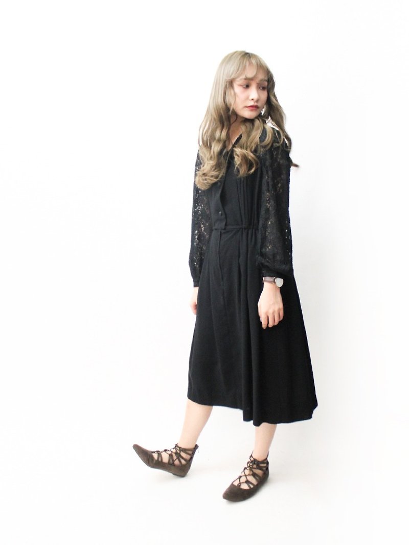 【RE1004D1452】 early autumn retro black lace stitching long-sleeved ancient dress - One Piece Dresses - Polyester Black