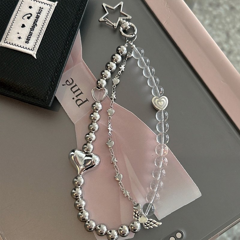 Heart Angel wings Beads Strap Keyring - ที่ห้อยกุญแจ - อะคริลิค สีเงิน