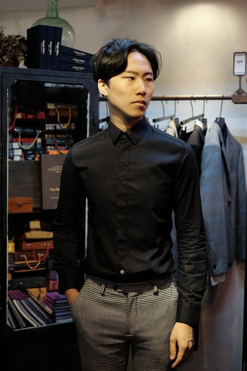 HIATUS black splicing shirt gentleman single product - เสื้อเชิ้ตผู้ชาย - ผ้าฝ้าย/ผ้าลินิน สีดำ