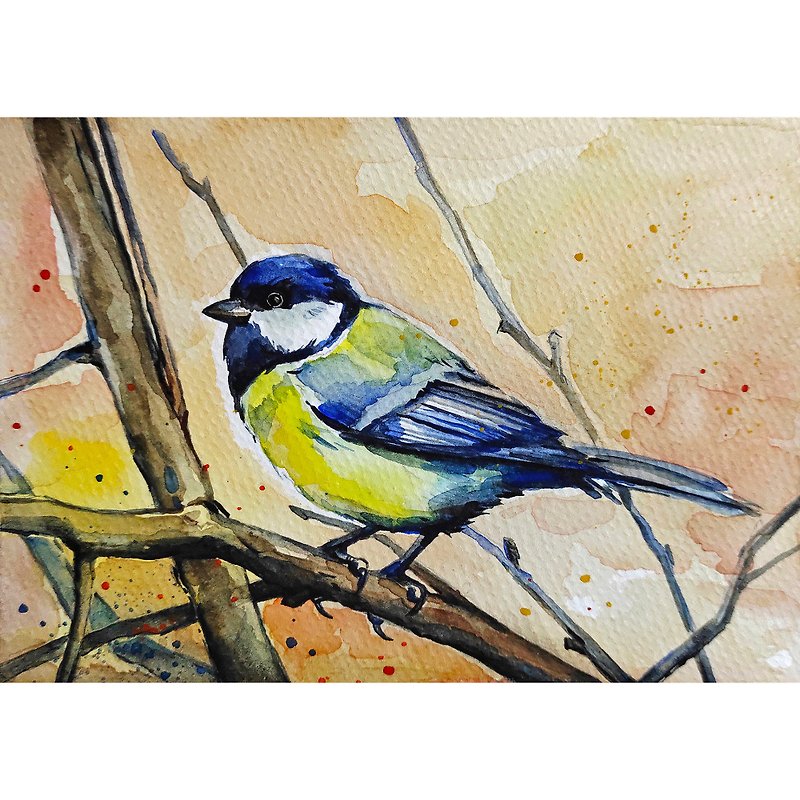 Chickadee Painting Blue Tit Original Art Bird Watercolor Painting Small Bird Art - Posters - Paper Orange