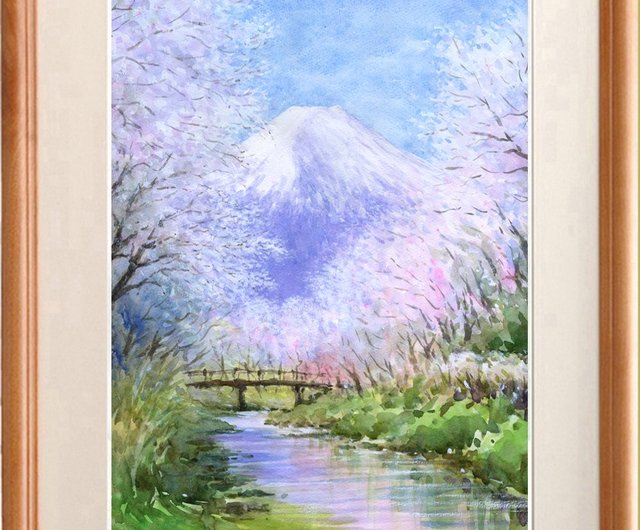 水彩画　富士山と桜