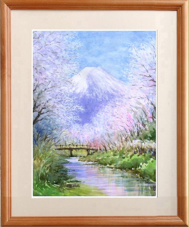 Watercolor painting Mt. Fuji and cherry blossoms - โปสเตอร์ - กระดาษ สึชมพู