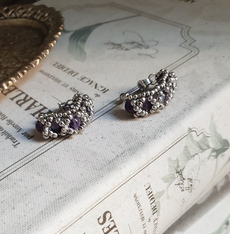 遇見系列編織耳環 紫水晶款 不鏽鋼耳針 日本珠 禮物 復古 - 耳環/耳夾 - 其他材質 