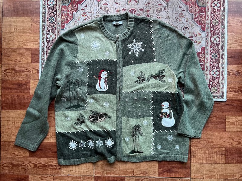 Vintage Christmas Snowman Warm Winter Sweater Jacket - สเวตเตอร์ผู้ชาย - ผ้าฝ้าย/ผ้าลินิน 