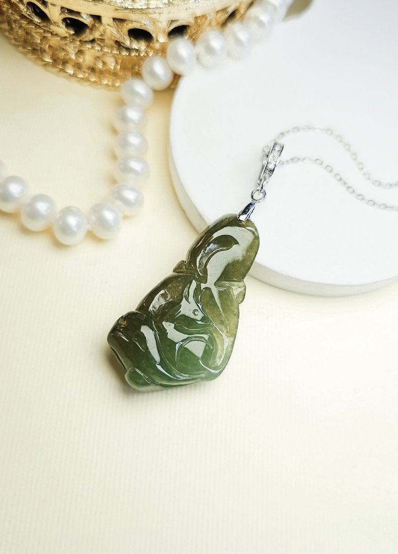 Peach Blossom Popular Wisdom | Morandi Nine-tailed Fox | Burmese Jade Ice Autumn Fragrance Green Double Color Sterling Silver Pendant - Necklaces - Jade 