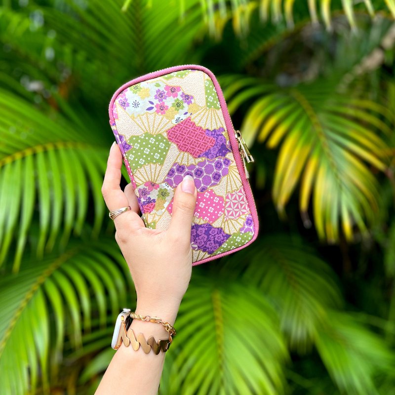 拉鍊護照包 / 手機錢包 / 旅行護照夾 - 扇宇(粉) - 護照夾/護照套 - 棉．麻 粉紅色
