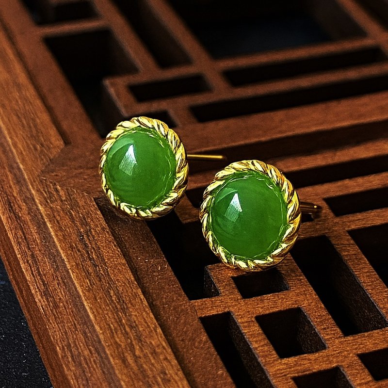 圓仔 玉 耳環 天然碧玉 A貨 925 純銀  禮物 - 耳環/耳夾/耳骨夾 - 玉石 綠色