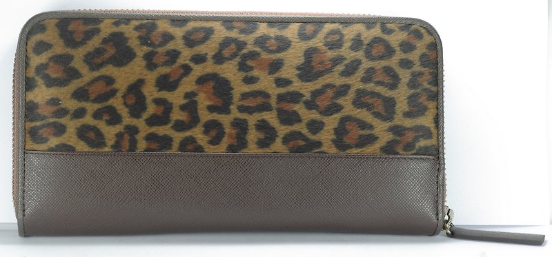 Classic long clip zipper leopard leather wallet brown-can be purchased with customized branding - Wallets - Genuine Leather Brown