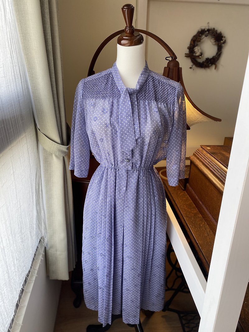 big round little dot scarf vintage dress - ชุดเดรส - ผ้าฝ้าย/ผ้าลินิน สีน้ำเงิน
