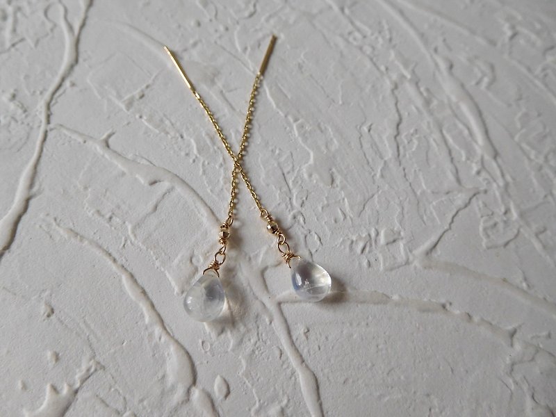 Pure 14K gold drop-shaped moonstone k gold ball ear line reservation - Earrings & Clip-ons - Gemstone Silver