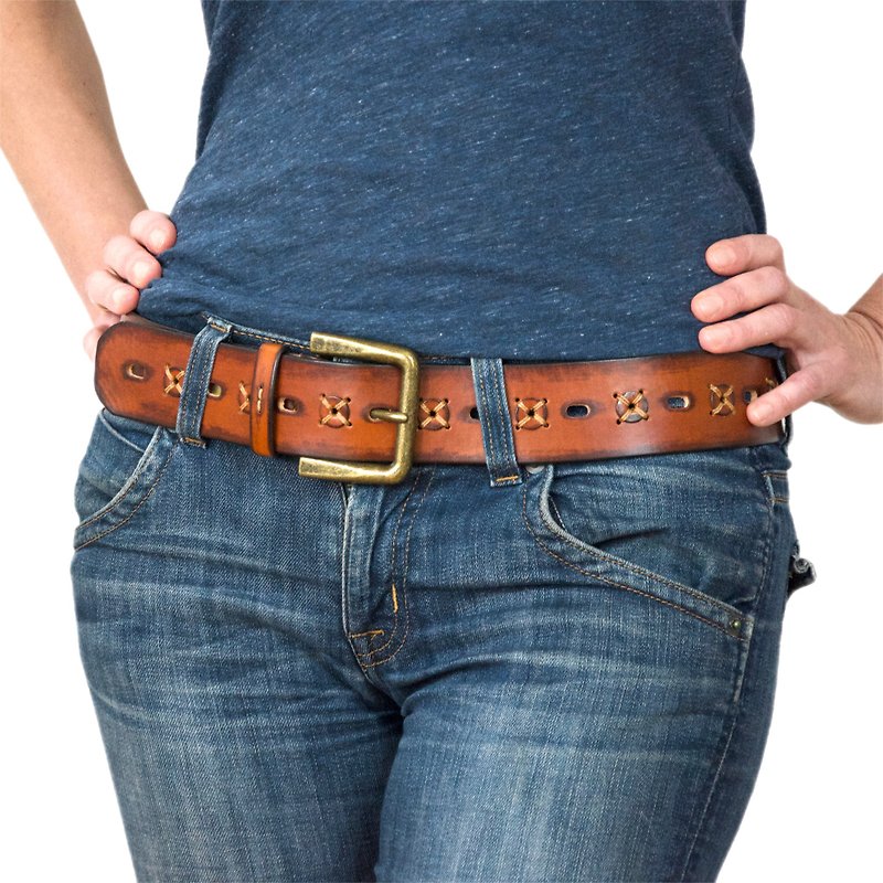 Women's leather belt in western style Low rise belt - เข็มขัด - หนังแท้ สีนำ้ตาล