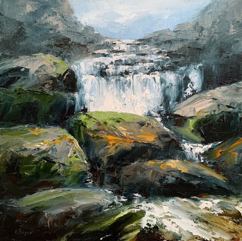 Original Waterfull Landscape Canvas Oil Painting Nautical Painting Impasto Art - 壁貼/牆壁裝飾 - 棉．麻 多色