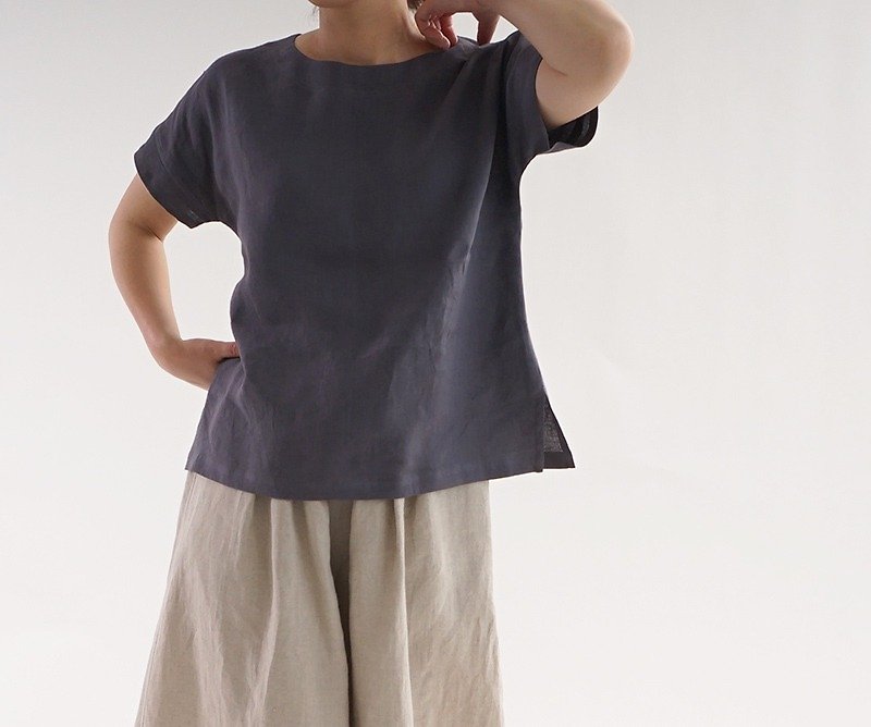 Linen drop shoulder T shirt / Sumida t001 f - smi 1 - เสื้อยืดผู้หญิง - ผ้าฝ้าย/ผ้าลินิน สีเทา