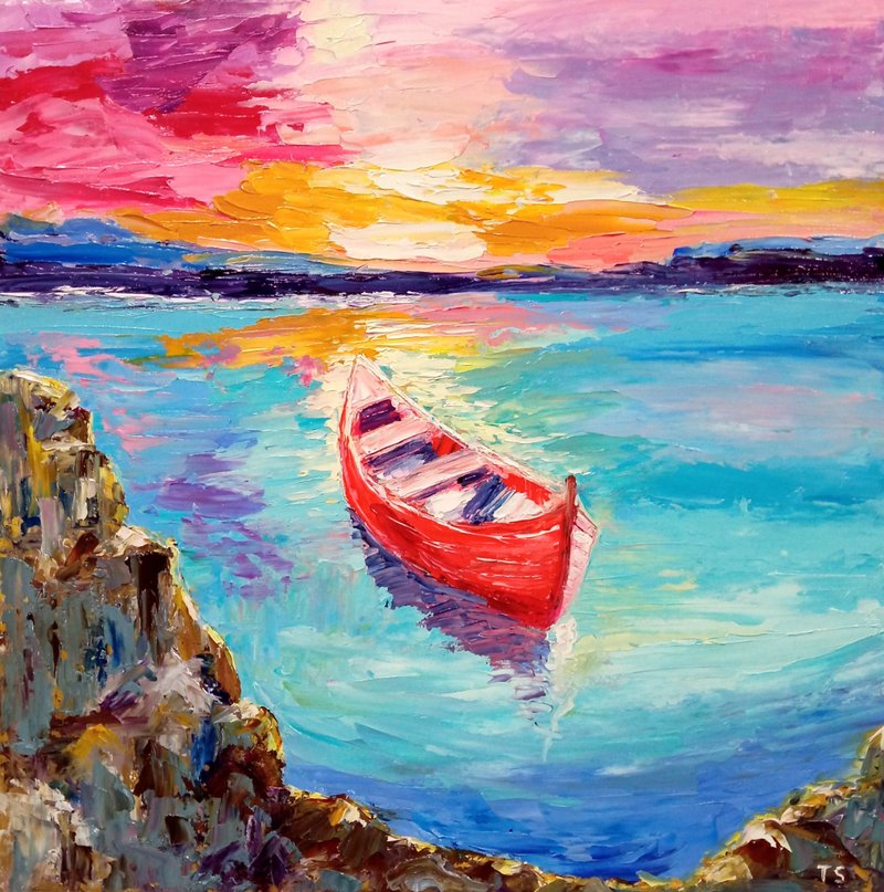 Made to order Original oil painting Red boat at sunset. 30x30 cm. Unframed. - 壁貼/牆壁裝飾 - 其他材質 