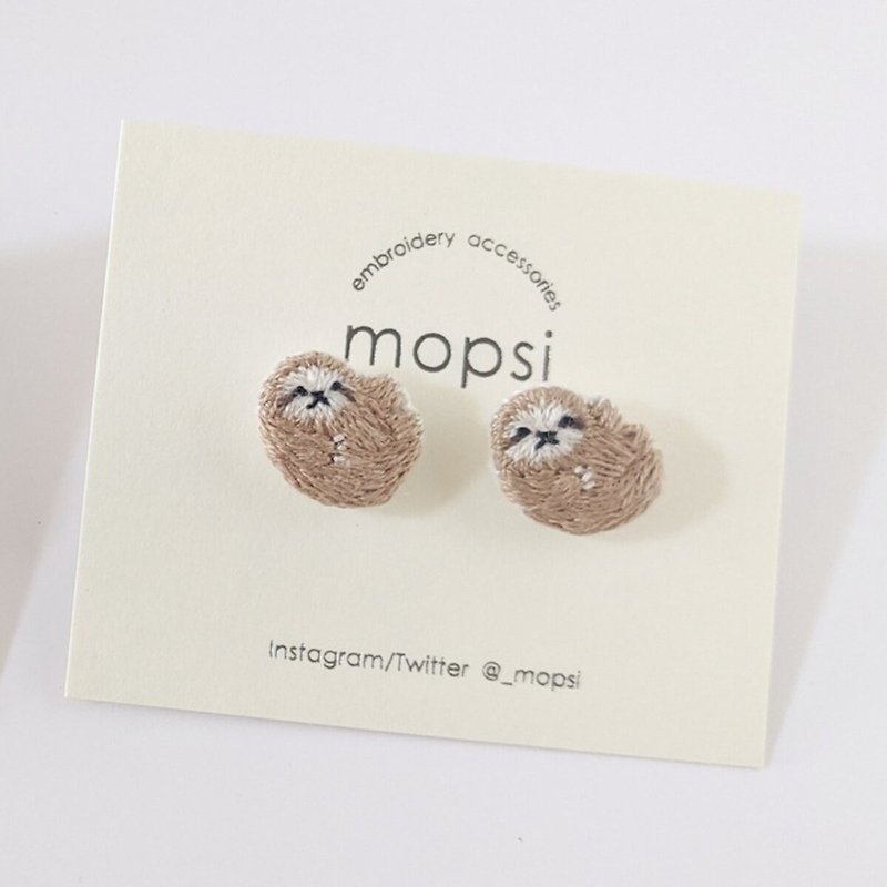 Sloth embroidery earrings / Clip-On - Earrings & Clip-ons - Thread Brown