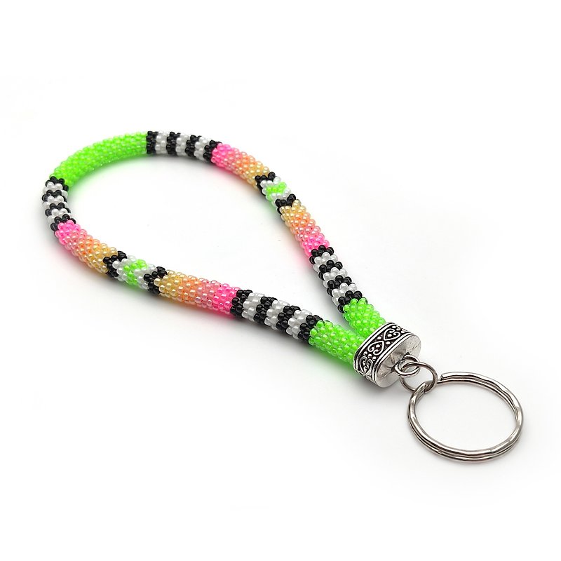 Beaded keychain wristlet, Wrist lanyard for keys, Wristlet strap - เชือก/สายคล้อง - แก้ว สีเขียว