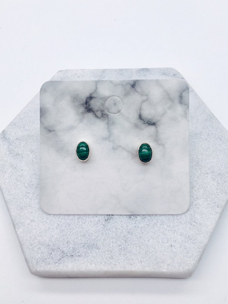 孔雀石925純銀簡約鑲邊耳環 尼泊爾手工鑲嵌製作 - 耳環/耳夾 - 寶石 綠色