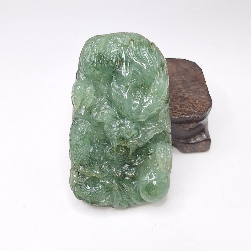 Ice green flower hand-carved dragon pendant | natural Burmese jade A grade jadeite - สร้อยคอ - หยก 