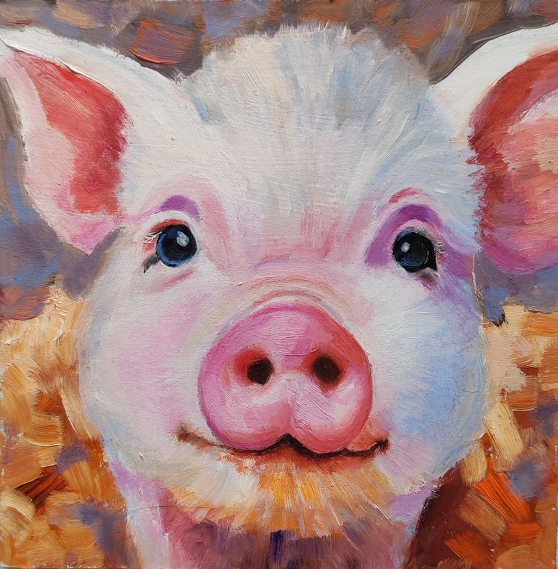 Pig Oil Painting Original Art Funny Farm Animal Portrait Wall Art 手工油畫  油畫原作 - 海報/掛畫/掛布 - 其他材質 多色
