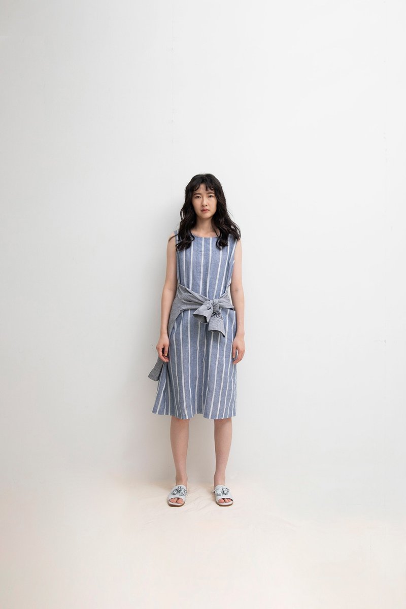 Simple Linen vest dress - ชุดเดรส - ผ้าฝ้าย/ผ้าลินิน สีน้ำเงิน