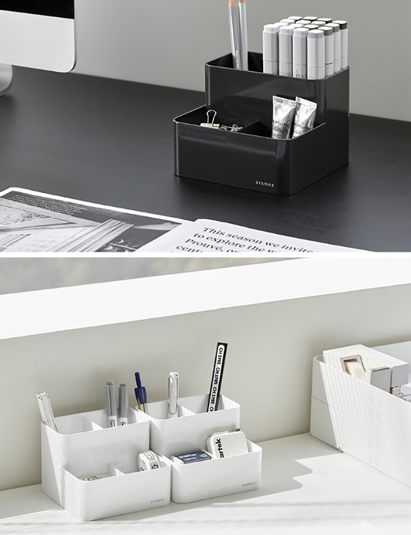 Korean original SYSMAX luxurious texture four-compartment storage pen holder (black and gray) (white) - Storage - Plastic 