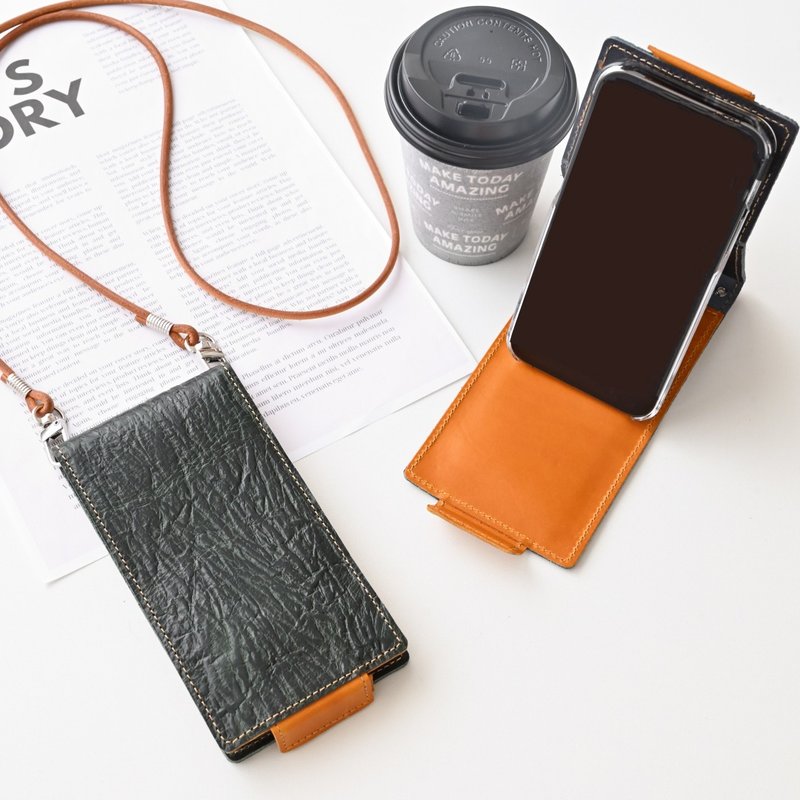 iPhone Limited Smartphone Case with Stand Vertical Opening [Vintage Style Grain] Smartphone Shoulder Genuine Leather Smartphone Stand Vertical Video Notebook Type AE06M - เคส/ซองมือถือ - หนังแท้ สีดำ