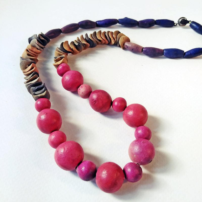 Colorful Handmade Pottery Clay Beads Necklace with Round Beads - 項鍊 - 陶 