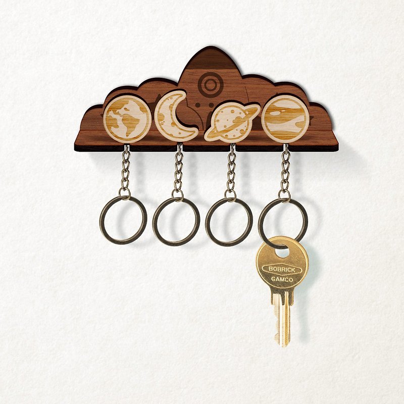 Small Universe Planet - Customized Log Keyring Rack Set (Four Entry) - Items for Display - Wood Brown