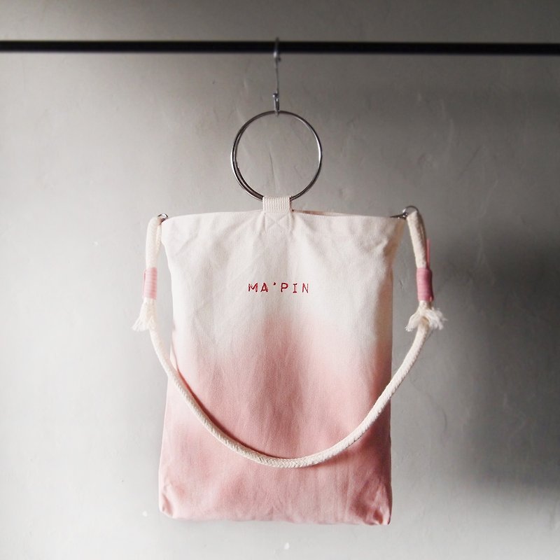 火鶴粉漸層 (附圓繩背帶) －手染托特包 - 側背包/斜孭袋 - 棉．麻 粉紅色