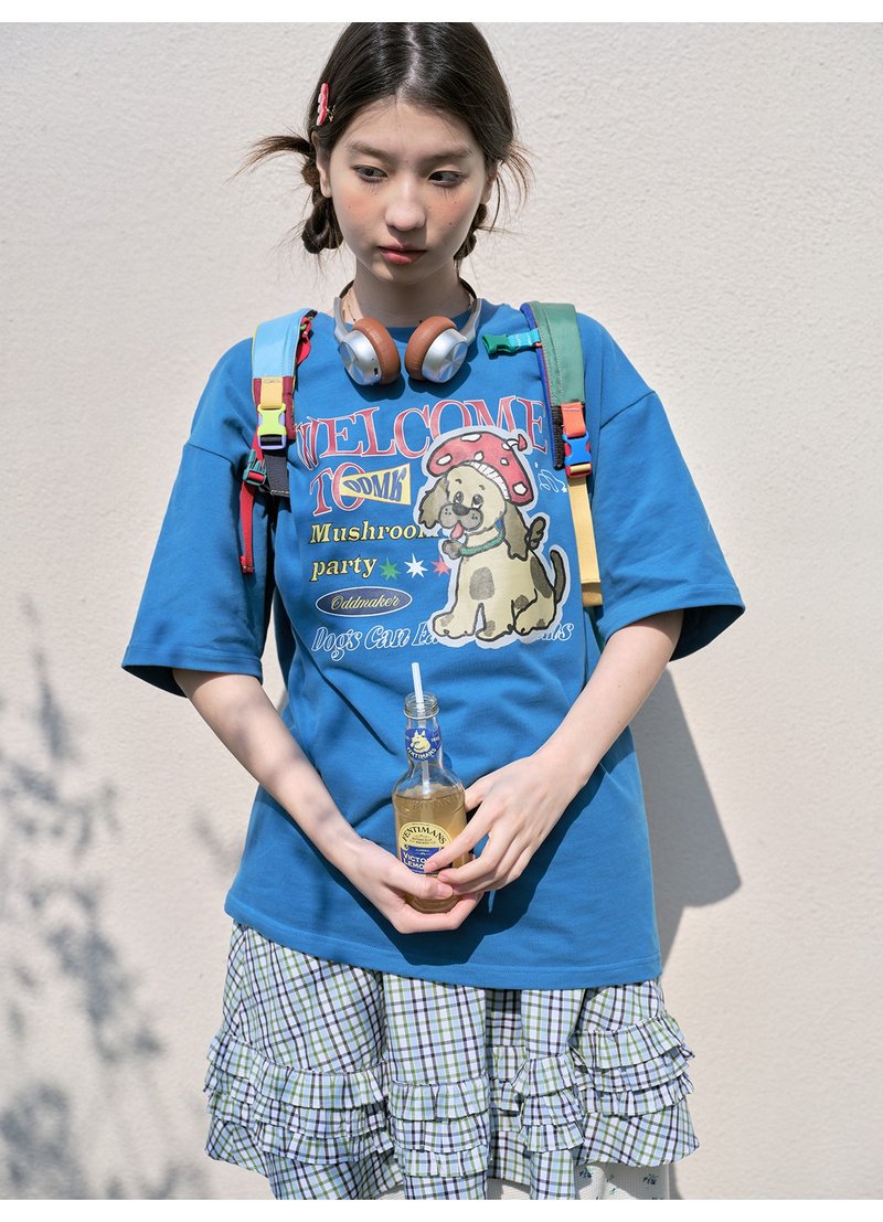 odd maker 蘑菇可愛小狗純棉印花短袖復古美式T恤女夏寬松圓領 - 女 T 恤 - 棉．麻 