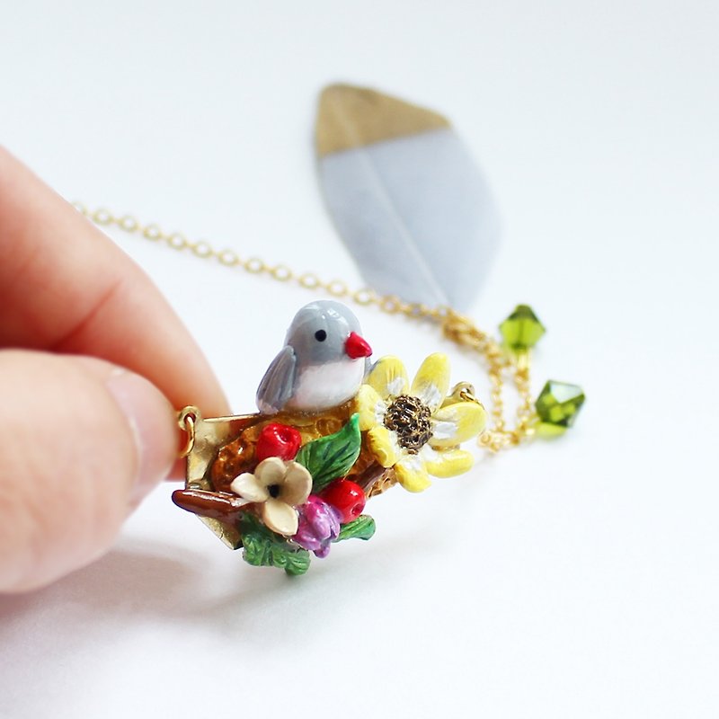 Bird • Sun Flowers Handmade Necklace I Story_Early Spring - Necklaces - Pottery Multicolor