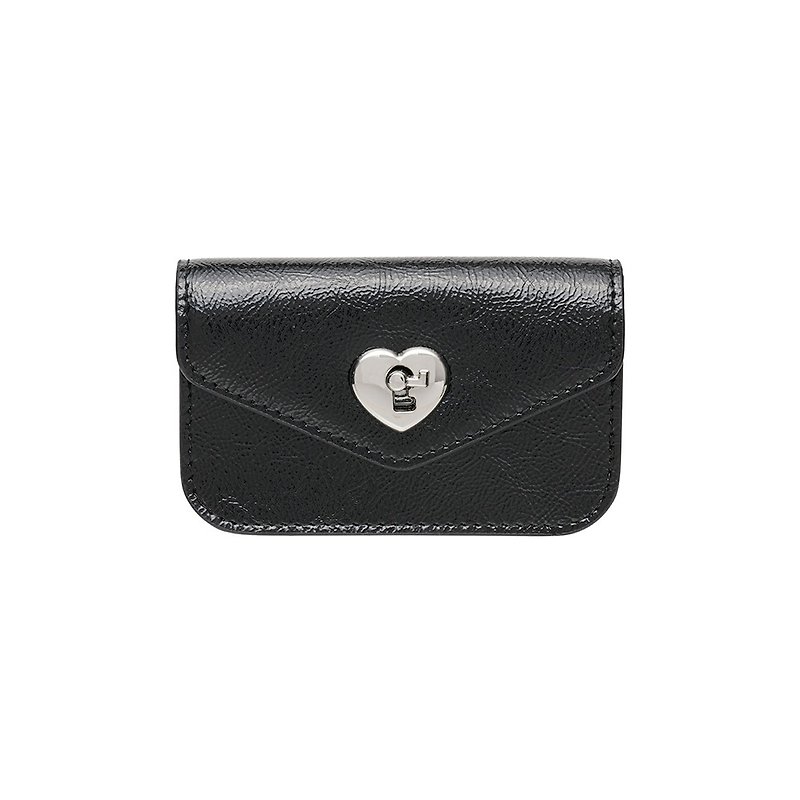 Heart Lock Compact Card Wallet Black - กระเป๋าสตางค์ - หนังแท้ สีดำ