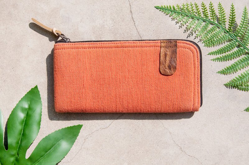 Handmade cotton and linen wallet / woven stitching leather long clip / long wallet / purse / woven wallet - orange color - กระเป๋าสตางค์ - ผ้าฝ้าย/ผ้าลินิน สีส้ม