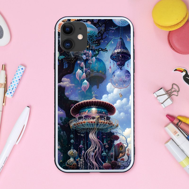 A fantastical, dreamy and cute glittering jellyfish empire smartphone case [tempered glass finish] compatible with iPhone 16 - Phone Cases - Plastic Multicolor