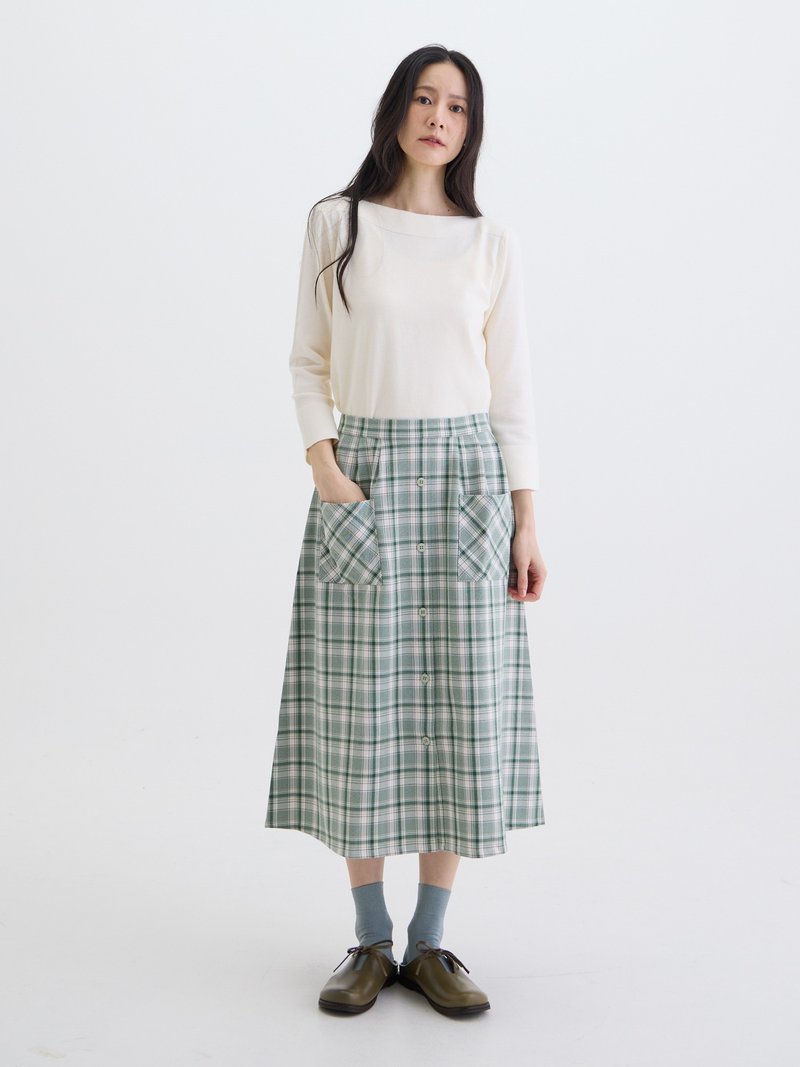 午茶me time格紋開衩中長裙-綠松格 - 裙子/長裙 - 聚酯纖維 綠色