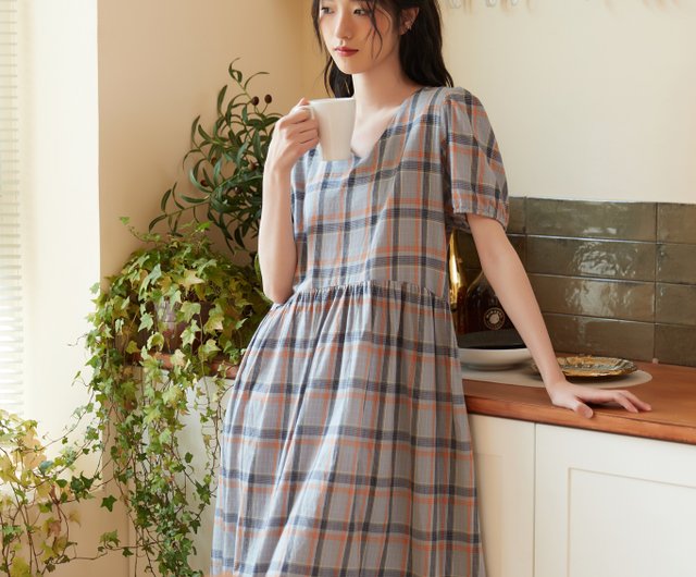 no 761コットンギャザーワンピース　ブルー　チェック　半袖 no 761コットンギャザーワンピース ブルー チェック 半袖 - メルカリ