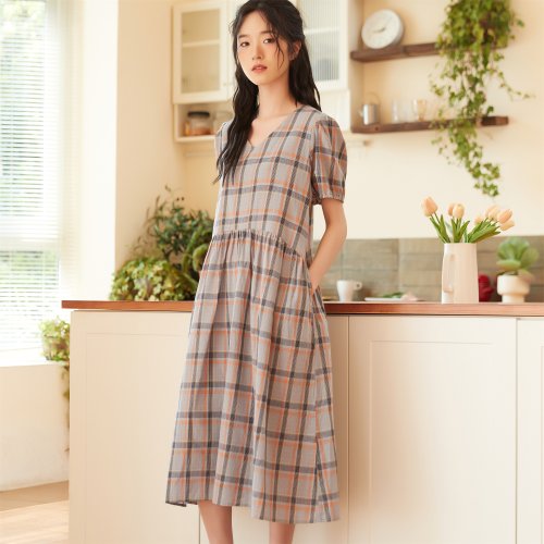no 761コットンギャザーワンピース　ブルー　チェック　半袖 半袖ワンピース チェック柄 ギャザーワンピース | iichi 日々の