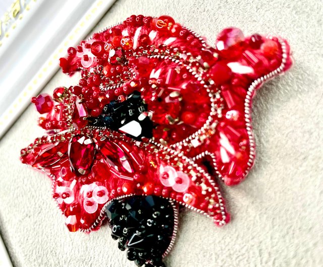 Red and Black Flower Brooch, Handmade Bead Embroidered, Poppy Pin