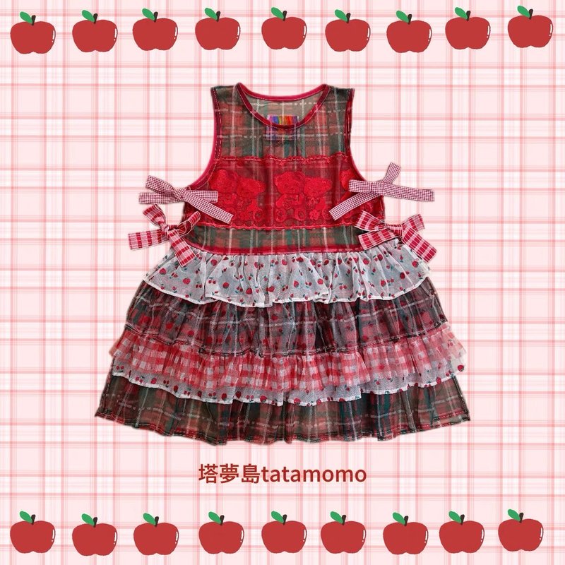 Fruit collage party embroidered strawberry bear layered gauze skirt - ชุดเดรส - วัสดุอื่นๆ สีแดง