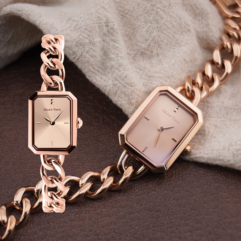 RELAX TIME 長方手鍊風格女錶 玫瑰金 (RT-109-2-07) - 女錶 - 不鏽鋼 咖啡色