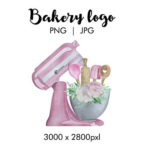 Art and Funny Watercolor bakery logo with pink pastry mixer and flowers